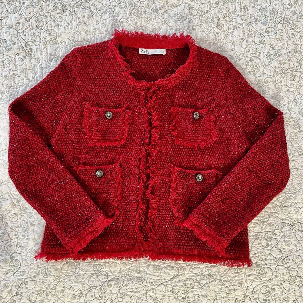Zara Red/Metallic Textured Cropped Blazer-style Sweater Classy Elegant Cardigan